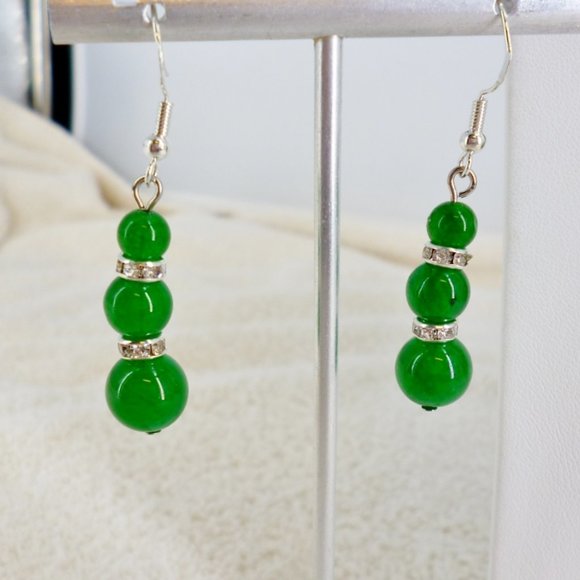 Set Necklace & Earrings Jade Green Glass Beads 925 w/Crystals NWOT Perfect - Picture 3 of 5